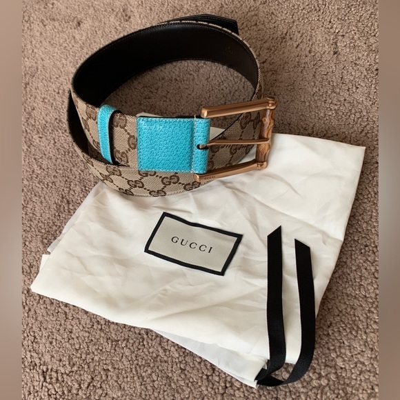 Authentic GUCCI women’s bamboo buckle blue leather and GG canvas belt - Picture 2 of 8